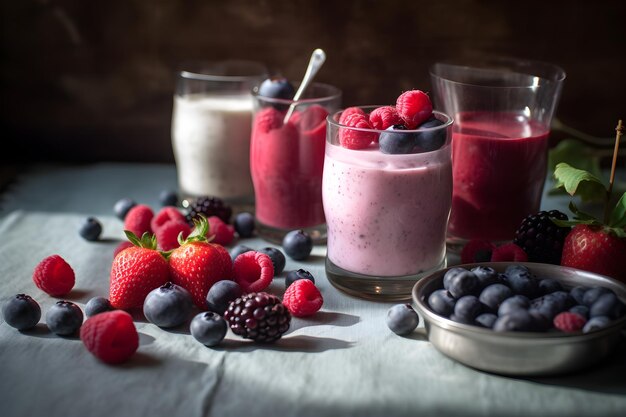 Een tafel met vier glazen smoothies en een schaal met bessen.