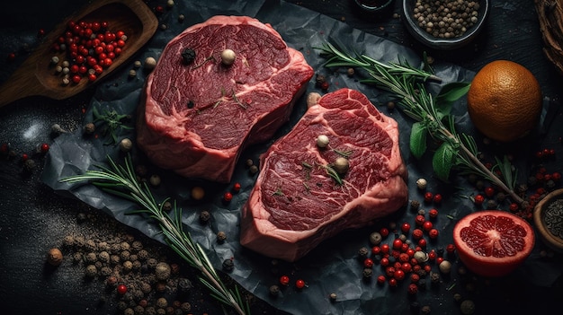 Een tafel met vlees en kruiden met een zwarte achtergrond