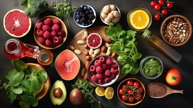 een tafel met voedsel, inclusief fruit, groenten en fruit.