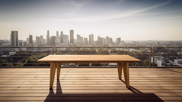 Een tafel op een dek met uitzicht op de skyline van de stad op de achtergrond.