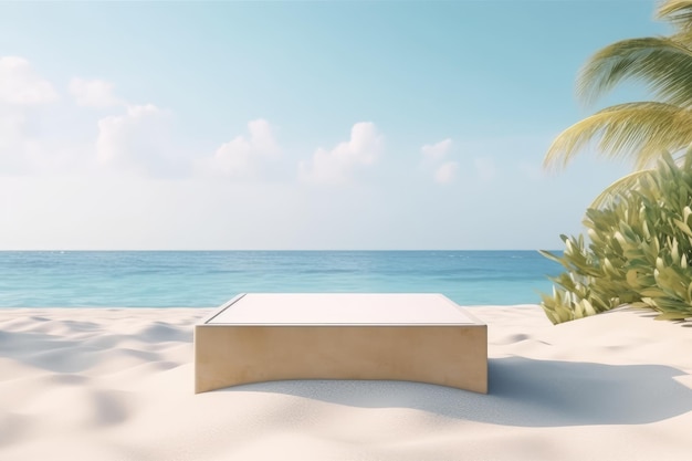 Een tafel op een strand met palmbomen en een blauwe lucht