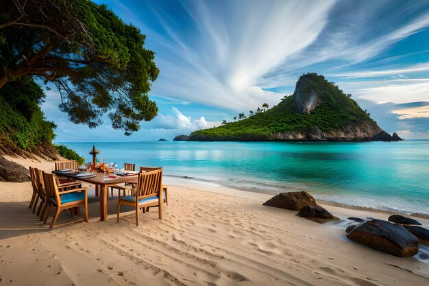 Een tafel op een strand met uitzicht op de zee en de lucht