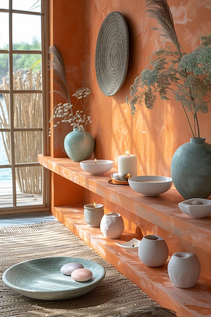 Een tafel versierd met een vaas en borden in een stijlvolle omgeving