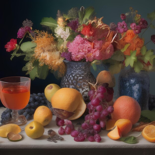 Foto een tafel versierd met levendig fruit, geurige bloemen en glanzend glaswerk