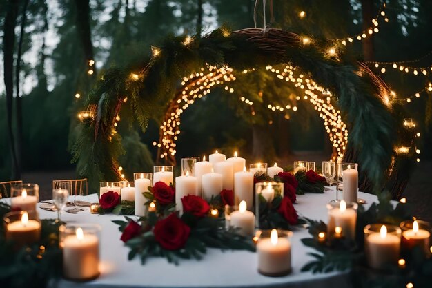 Een tafel versierd voor een bruiloft met kaarsen en groen.
