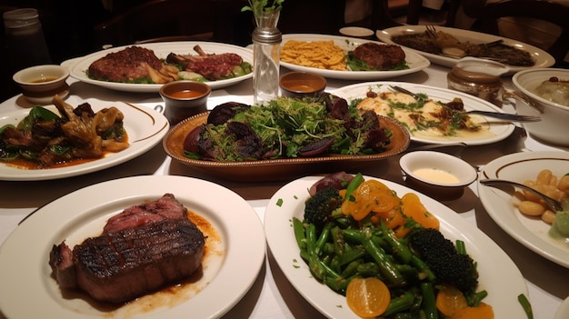 Een tafel vol borden met eten, waaronder biefstuk, broccoli en ander eten.