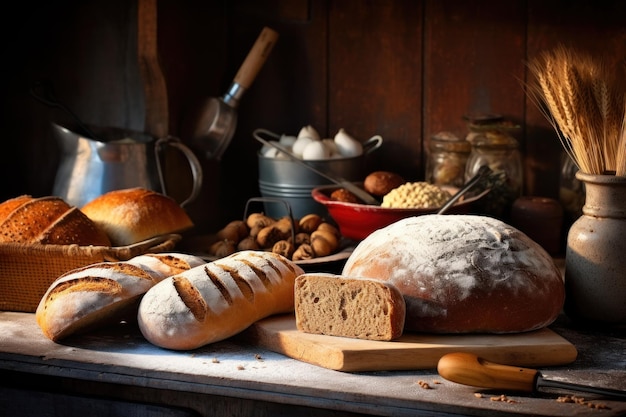 Een tafel vol brood en ander voedsel, waaronder een kom met noten en brood.