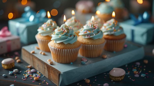 Een tafel vol cupcakes, kaarsen en geschenken die de essentie van verjaardagen symboliseren.