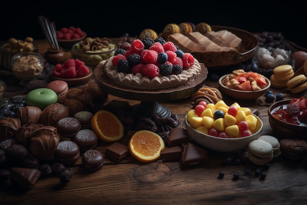 Een tafel vol desserts, waaronder een cake, fruit en desserts.