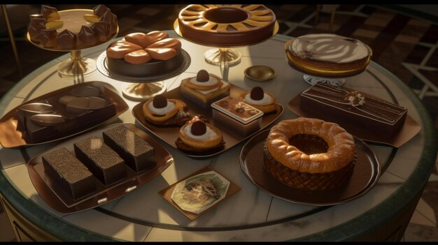 Een tafel vol desserts waaronder een verscheidenheid aan desserts.