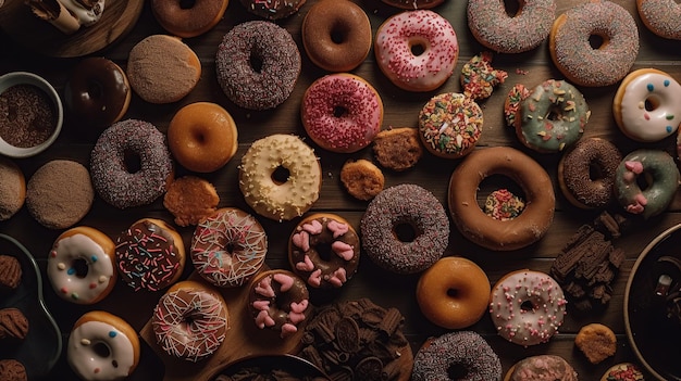 Een tafel vol donuts en andere donuts waarvan één met verschillende toppings.