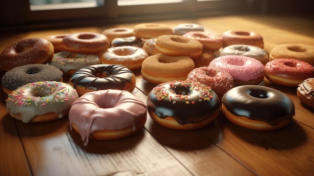 Een tafel vol donuts en een daarvan heeft heel veel verschillende smaken.