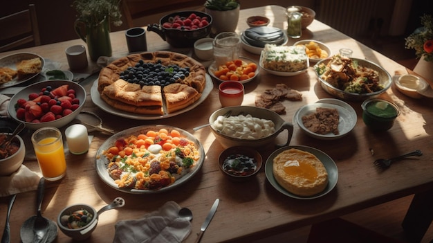 Een tafel vol eten inclusief een bord eten en een bord eten.