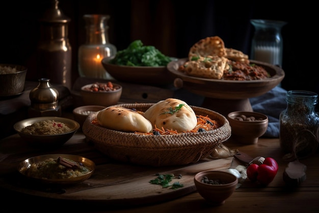 Een tafel vol eten inclusief een bord eten en een kom eten.