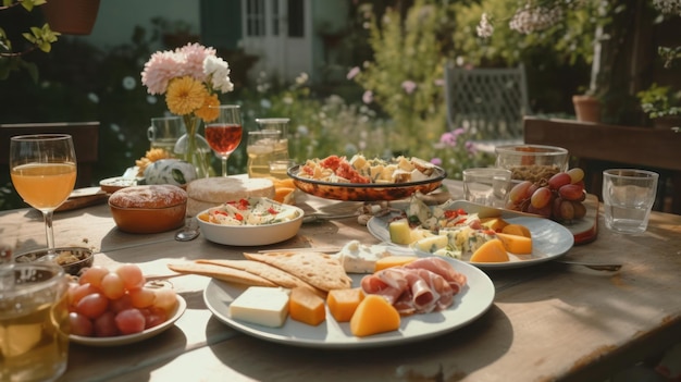 Een tafel vol eten inclusief een glas wijn en een fles wijn.