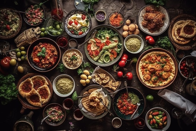 Een tafel vol eten inclusief een verscheidenheid aan gerechten inclusief eten.