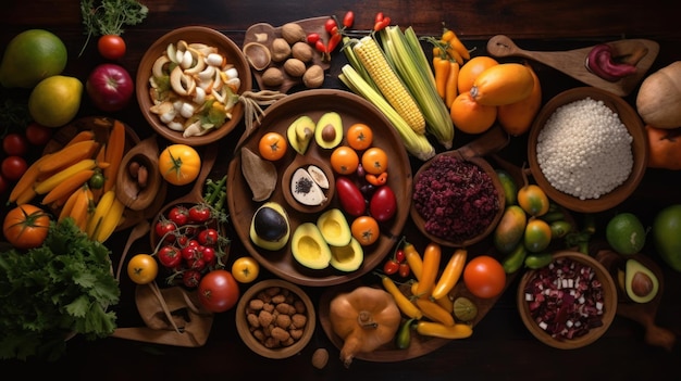 Foto een tafel vol eten, inclusief fruit en groenten.