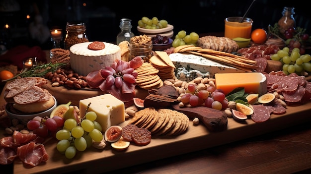 Foto een tafel vol eten, inclusief kaas, kaas en kaas
