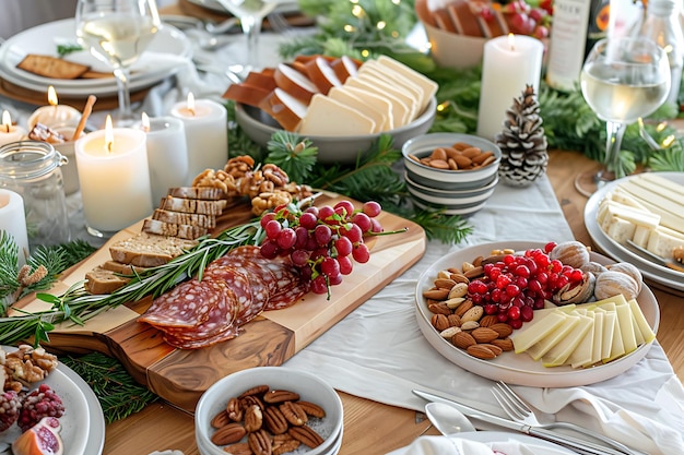 Foto een tafel vol eten, inclusief noten en fruit.