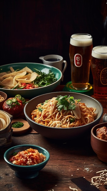 Een tafel vol eten inclusief pasta en een glas bier.