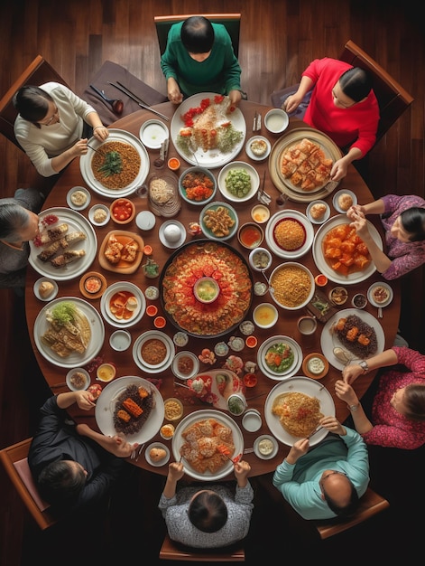 Een tafel vol eten met mensen die eten en een van hen houdt handen vast aan een tafel met een groot bord eten.