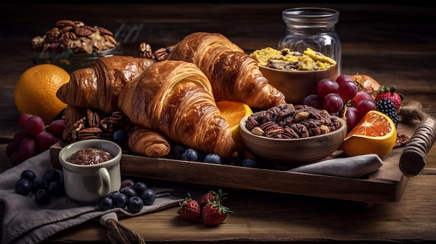 Een tafel vol eten, waaronder croissants, fruit en noten