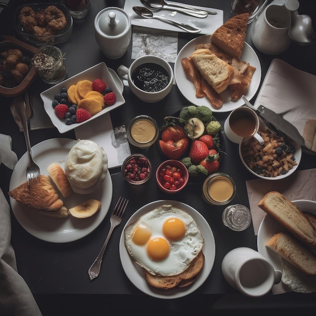 Een tafel vol eten, waaronder een bord met eieren en toast.