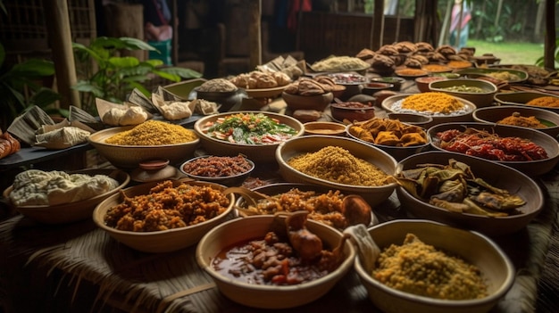 Een tafel vol eten, waaronder een die zegt 'eten'