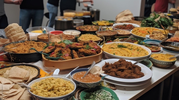 Een tafel vol eten, waaronder een die zegt 'eten'