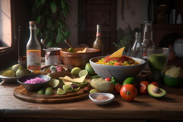 Een tafel vol eten waaronder een fles wijn, een fles rode wijn, een fles rode wijn en een fles rode wijn.