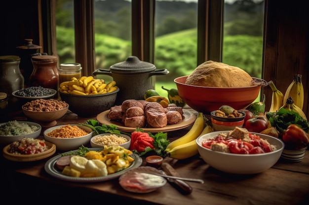 Een tafel vol eten waaronder een kom eten en een kom eten Colombian Foods