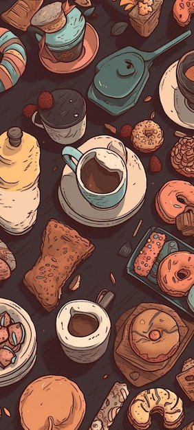 Een tafel vol eten waaronder een kopje koffie en een bord donuts.