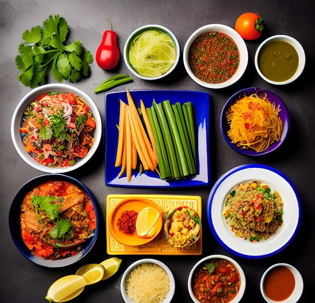 Een tafel vol eten, waaronder een verscheidenheid aan eten, waaronder wortelen, selderij en komkommer.