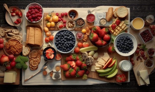Een tafel vol eten, waaronder een verscheidenheid aan fruit en brood.