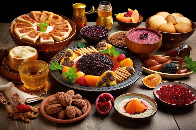 Een tafel vol eten, waaronder een verscheidenheid aan fruit en noten.