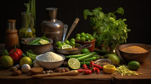 Een tafel vol eten, waaronder een verscheidenheid aan groenten en fruit.