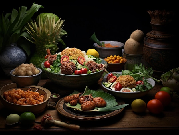 Een tafel vol eten, waaronder een verscheidenheid aan voedsel, waaronder een verscheidenheid aan groenten en fruit.