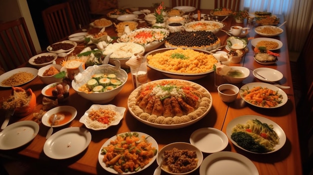 Een tafel vol eten, waaronder kalkoen, kalkoen en kalkoen.