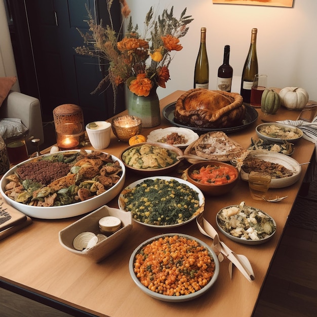 Een tafel vol eten, waaronder kalkoenbonen en ander voedsel