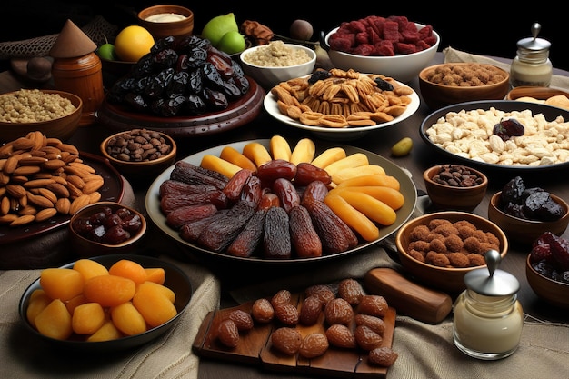 Een tafel vol eten, waaronder noten, fruit, noten en noten.