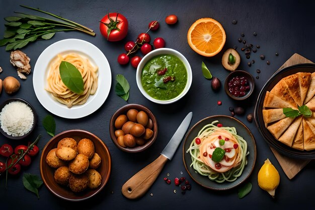 Foto een tafel vol eten waaronder pasta, pasta en sauzen.