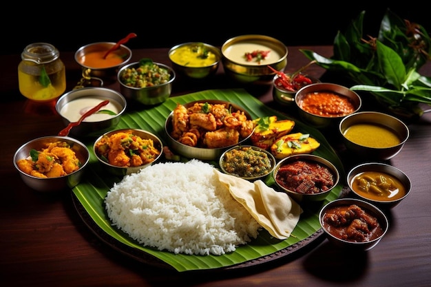 Een tafel vol eten, waaronder rijst, rijst en groenten.