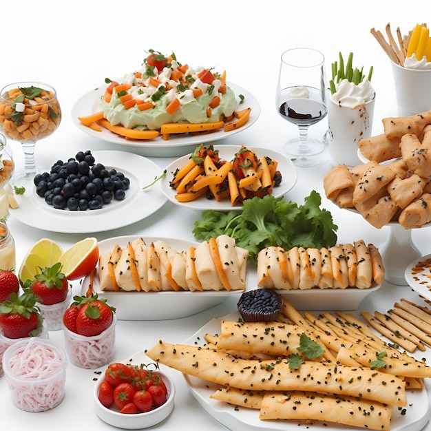 Een tafel vol eten waaronder sandwiches, sandwiches en salades.