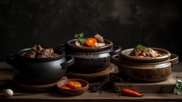 Een tafel vol eten waaronder stoofvlees en een bakje tomaten.