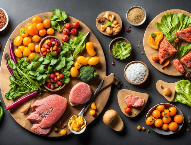 Foto een tafel vol eten, waaronder vlees, groenten en fruit.