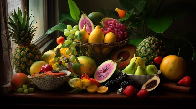 Een tafel vol fruit en een fruitmand.