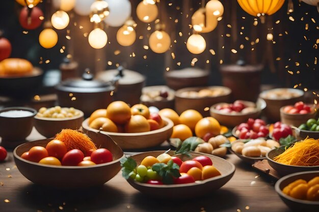 Foto een tafel vol fruit en groenten, waaronder appels, sinaasappels en citroenen.