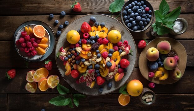 Een tafel vol fruit, waaronder fruit en bessen