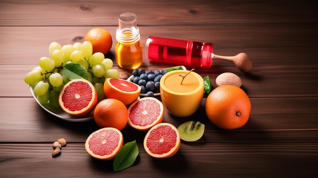 Foto een tafel vol fruit waaronder grapefruit, bosbessen, druiven en een kaars.