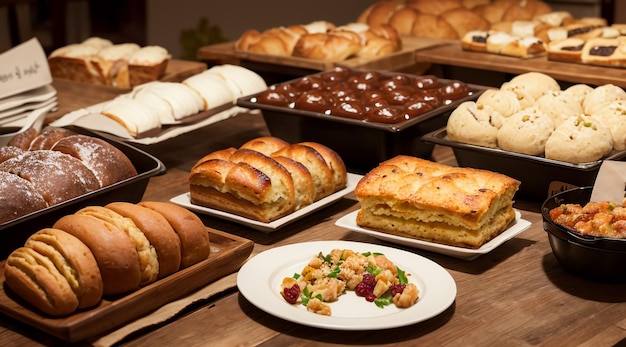 een tafel vol gebakken bakkerijvoedsel